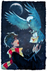  1boy animification artist_name bird black-framed_eyewear black_coat black_hair black_sky blush border brown_eyes coat commentary english_commentary envelope feathered_wings feathers fingernails flying full_moon glasses hair_between_eyes hands_up harry_potter harry_potter_(series) hedwig letter long_sleeves looking_up mixed_media moon nana_nakano night night_sky open_mouth outdoors owl red_scarf round_eyewear scarf short_hair sky smile snowing standing striped_clothes striped_scarf teeth white_border white_feathers wide_sleeves wings wizarding_world yellow_eyes yellow_scarf 