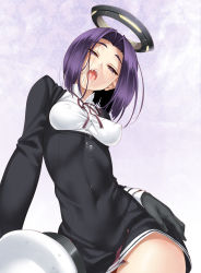 10s 1boy 1girl admiral_(kancolle) black_gloves blush breasts cle_masahiro covered_erect_nipples dress_shirt drooling gloves halo hand_on_own_hip highres kantai_collection long_sleeves looking_at_viewer mechanical_halo neck_ribbon no_bra open_mouth personification purple_eyes purple_hair ribbon saliva saliva_trail school_uniform shirt short_hair small_breasts sweat tatsuta_(kancolle) tongue rating:Questionable score:96 user:danbooru