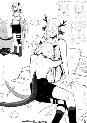  2girls alina_(arknights) animal_ears antlers arknights blush breasts cleavage closed_eyes deer_antlers deer_ears deer_girl headpat highres horns long_hair multiple_girls on_bed pillow shorts silverxp sitting small_breasts socks sports_bra sweatdrop tail tail_wagging talulah_(arknights) topless twitter_username yuri 
