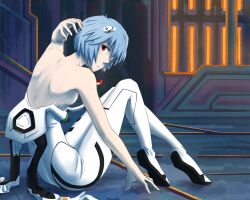  1girl absurdres ayanami_rei bare_back blue_hair bodysuit cable commentary english_commentary from_side highres interface_headset looking_to_the_side neon_genesis_evangelion on_floor partially_undressed pilot_suit plugsuit red_eyes short_hair sitting solo white_bodysuit zero_ordered1 