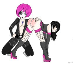  ass bent_over black_hair bodysuit boots breasts brown_eyes crossdressing femdom green_eyes high_heels makeup pink_hair quality shoes shota spanked bad_tag trap  rating:Explicit score:3 user:bell-chan