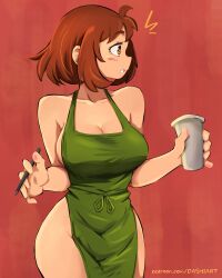 1girl ^^^ absurdres apron bare_shoulders blush boku_no_hero_academia breasts brown_eyes brown_hair cleavage collarbone cowboy_shot cup dashi_(dashiart) disposable_cup facing_viewer highres holding holding_cup holding_pen iced_latte_with_breast_milk_(meme) large_breasts looking_to_the_side meme naked_apron parted_lips patreon_username pen red_background short_hair solo uraraka_ochako watermark web_address wide_hips 
