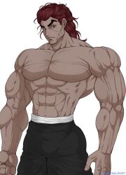  1boy abs grappler_baki hanma_yujiro highres looking_at_viewer male_focus mature_male muscular muscular_arms muscular_male pants pectorals red_eyes red_hair shirt short_hair smile veins  rating:Questionable score:0 user:Keplergym2