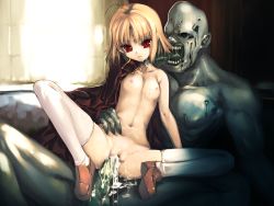  1girl blonde_hair breasts cape censored cloak cum cum_in_pussy cumdrip eye_contact held_up hetero highres hitomaru loli looking_at_another monster mosaic_censoring narrow_waist navel nil-eve nipples nude original penis petite pussy rape red_eyes saliva sex shoes small_breasts spread_legs straddling thighhighs tongue tongue_out torn_clothes torn_legwear vaginal white_thighhighs zombie  rating:Explicit score:215 user:danbooru