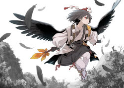  1girl absurdres bird_wings black_feathers black_gloves black_hair black_wings camera feathered_wings feathers fingerless_gloves geta gloves hand_fan hat hauchiwa highres holding holding_fan japanese_clothes kawayabug looking_to_the_side monochrome_background notebook pom_pom_(clothes) red_eyes red_hat red_ribbon ribbon shameimaru_aya short_hair solo thighhighs tokin_hat touhou white_thighhighs wings  rating:General score:4 user:godsavetheapples