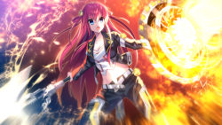  1girl angry blue_eyes breasts cleavage collared_jacket commission fire grisaia_(series) halberd highres jacket large_breasts lightning long_hair midriff pants pixiv_commission polearm red_hair shield solo suou_amane weapon  rating:Sensitive score:4 user:SuouAmameme3392