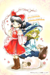  2girls :d animal ascot back_bow black_hair blonde_hair blue_bow blue_hat boots bow braid brown_footwear chinese_zodiac closed_mouth cross-laced_footwear frilled_bow frilled_hair_tubes frills gohei hair_bow hair_tubes hakurei_reimu happy_new_year hat holding holding_gohei kirisame_marisa lace-up_boots long_sleeves medinki multiple_girls new_year official_style open_mouth pink_eyes red_bow red_skirt ribbon-trimmed_skirt ribbon-trimmed_sleeves ribbon_trim sheep short_hair side_braid skirt sleeve_bow smile standing touhou white_ascot white_bow white_sleeves wide_sleeves witch_hat year_of_the_goat yellow_eyes zun_(style) 