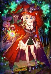  2girls age_of_ishtaria arm_up black_footwear blonde_hair blue_eyes blush bow bug butterfly coat full_body fur-trimmed_coat fur_trim glowing_butterfly green_bow green_butterfly hair_bow hair_ornament hat highres holding holding_lantern holding_mushroom insect lantern looking_at_viewer meru_(age_of_ishtaria) multiple_girls munlu_(wolupus) mushroom night open_clothes open_coat open_mouth outdoors purple_hair red_coat red_eyes salix_(age_of_ishtaria) socks tree white_socks witch_hat 