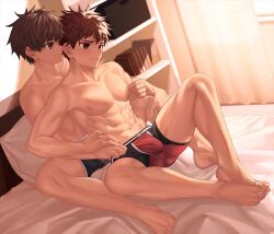 2boys abs barefoot bed behind_another between_legs black_male_underwear blush bookshelf boxer_briefs brown_eyes brown_hair bulge collarbone curtains dutch_angle feet hand_on_another&#039;s_hand highres knee_up knees_apart_feet_together light_frown light_smile looking_at_another male_focus male_underwear multicolored_male_underwear multiple_boys navel nayoshi_(r-744) nipple_stimulation nipple_tweak nipples on_bed original pectorals pillow profile purple_eyes red_male_underwear short_hair sitting spiked_hair spread_legs sunlight toned toned_male underwear underwear_only window yaoi rating:Questionable score:29 user:danbooru