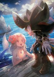  1girl aoki_(fumomo) blue_eyes blush boots cloud flower furry furry_female furry_male furry_with_non-furry gloves hair_flower hair_ornament hat interspecies jewelry long_hair looking_at_viewer maria_robotnik mermaid monster_girl monsterification necklace ocean outdoors pendant pirate pirate_hat pov shadow_the_hedgehog shell shell_bikini sky smile sonic_(series) water  rating:Sensitive score:37 user:danbooru