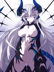  1girl blue_eyes breasts cowboy_shot crotchless cum cum_in_pussy cumdrip demon_girl elsword fingernails gluteal_fold grin hair_between_eyes half-closed_eyes horns iblis_(elsword) large_breasts long_hair looking_at_viewer luciela_r._sourcream multiple_horns navel nipples parted_lips pointy_ears revealing_clothes sharp_fingernails smile solo standing tail uncensored waero white_hair  rating:Explicit score:144 user:danbooru