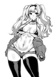  1girl absurdres areola_slip bare_shoulders bikini blush breasts choker cleavage collarbone gggg granblue_fantasy greyscale grin hair_intakes hairband highleg highleg_bikini highres jacket large_areolae large_breasts long_hair long_sleeves looking_at_viewer micro_shorts monochrome navel navel_piercing off_shoulder open_clothes open_jacket piercing shorts simple_background smile solo swimsuit thighhighs thighs twintails white_background zeta_(granblue_fantasy)  rating:Questionable score:64 user:danbooru