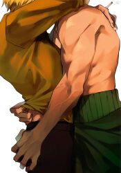 2boys absurdres ass_grab blonde_hair couple cowboy_shot grabbing_another&#039;s_ass green_hair groping head_out_of_frame highres implied_kiss male_focus mlh7q multiple_boys one_piece pectorals roronoa_zoro sanji_(one_piece) short_hair toned toned_male topless_male undressing_another veins veiny_arms yaoi 