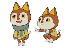  1boy animal_crossing colin_armistead cross-eyed highres nintendo open_mouth rudy_(animal_crossing) scarf smile squatting standing sweater 