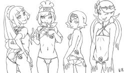  4girls :p ass backpack bag bare_arms bare_shoulders bhawk bikini closed_mouth clothes_lift covering_breasts covering_privates cowboy_shot creatures_(company) flashing flat_chest flower game_freak hair_flower hair_ornament half-closed_eyes hat lana_(pokemon) lillie_(pokemon) lineup loli long_hair looking_at_viewer mallow_(pokemon) monochrome multiple_girls navel nintendo one-piece_swimsuit one_eye_closed panties pleated_skirt pokemon pokemon_sm ponytail selene_(pokemon) shirt shirt_lift short_hair short_sleeves skirt skirt_lift smile swimsuit t-shirt thigh_gap tongue tongue_out topless twintails underwear wedgie wink 