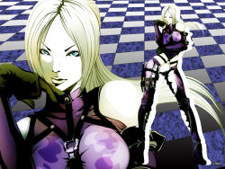 1girl bare_shoulders blonde_hair blue_eyes bodysuit boots breasts checkered_background contrapposto elbow_gloves flat_color fujisawa_tomio gloves highres knee_boots knife large_breasts lips long_hair namco nina_williams official_art official_wallpaper ponytail solo standing tekken tekken_2 tekken_3 tekken_4 tekken_5_(dark_resurrection) tekken_tag_tournament tekken_tag_tournament_2 tomio_fujisawa wallpaper rating:Sensitive score:33 user:danbooru