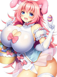 1girl animal_ears basket blue_eyes blush breasts rabbit_ears cleavage cleavage_cutout clothing_cutout cowboy_shot easter easter_egg egg elbow_gloves gloves heart_cutout huge_breasts inma_kourin_devil_carnival leotard long_hair open_mouth pink_hair seta_(monyun) simple_background solo thighhighs v very_long_hair white_background white_gloves rating:Sensitive score:58 user:danbooru