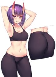 1girl alternate_breast_size armpits arms_behind_head arms_up ass black_sports_bra blush breasts cleavage closed_mouth collarbone cowboy_shot fate/grand_order fate_(series) from_behind groin heavy_breathing highres horns kuavera lips looking_at_viewer multiple_views naughty_face navel purple_eyes purple_hair short_eyebrows short_hair shuten_douji_(fate) simple_background smile smirk sports_bra standing sweat thick_eyebrows thick_thighs thighs tongue tongue_out white_background rating:Sensitive score:106 user:danbooru