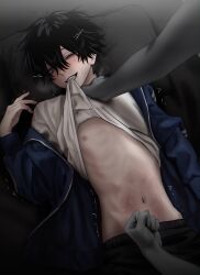  1boy 1other absurdres black_hair black_pants blue_jacket blush bruise bruise_on_shoulder clothes_lift grey_eyes highres imai_akira injury jacket lifted_by_self long_sleeves looking_at_viewer lying male_focus mouth_hold nipples on_back one_eye_closed open_clothes open_jacket original pants punching reverse_ryona shirt shirt_lift solo_focus stomach_punch strangling sweat tears teeth_hold track_jacket trembling white_shirt 