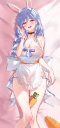  absurdres animal_ears apron back_bow blue_hair blue_panties blush bow braid braided_ponytail carrot commentary covered_erect_nipples double-parted_bangs feet_out_of_frame frilled_apron frills hair_between_eyes hair_bow hand_up hashtag-only_commentary heart_apron heiyan_shenshi highres hololive long_hair looking_at_viewer lying multicolored_hair nearly_naked_apron no_bra on_back open_mouth panties pekomama pink_nails rabbit-shaped_pupils rabbit_ears rabbit_girl red_eyes short_eyebrows side-tie_panties streaked_hair string_panties stuffed_toy symbol-shaped_pupils underwear untied_panties virtual_youtuber white_apron white_bow white_hair 