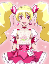  00s 1girl blonde_hair bow choker corset cure_peach dress earrings fresh_precure! hair_ornament hairpin heart_hair_ornament jewelry long_hair magical_girl momozono_love pink_background pink_bow pink_dress pink_eyes pink_skirt precure shikishi skirt smile solo tawashi_(pixiv) tawashi_(tawashisan) translation_request twintails wrist_cuffs 