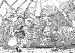  1girl apron ass dress electric_fan floating_hair from_behind full_body greenhouse greyscale light_rays long_hair maid maid_day maid_headdress monochrome original panties plant saitou_masatsugu sketch solo sunlight thighhighs underwear 