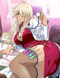  1girl blonde_hair breasts chair cleavage curtains desk dress garter_straps hair_over_one_eye id_tag ikkitousen indoors lab_coat large_breasts legs legs_together long_hair lying musashibou_benkei_(ikkitousen) nurse office_chair official_art on_desk on_side plant potted_plant school_nurse short_dress solo stethoscope swivel_chair syringe tagme thighhighs zettai_ryouiki  rating:Sensitive score:17 user:MysteryJ1