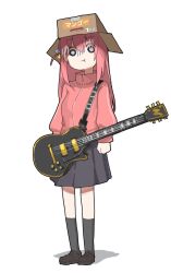  1girl black_socks bocchi_the_rock! box brown_footwear cardboard_box commentary_request cube_hair_ornament electric_guitar full_body gibson_les_paul gotoh_hitori grey_skirt guitar hair_between_eyes hair_ornament highres instrument jacket loafers long_hair long_sleeves looking_at_viewer natsuyamai one_side_up pink_hair pink_jacket pleated_skirt pout shoes simple_background skirt socks solo standing track_jacket white_background 