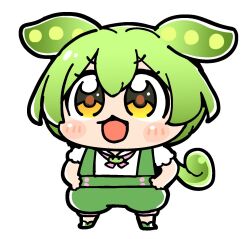  1girl :3 :d animal_ears bkub blush blush_stickers brooch edamame facing_viewer full_body green_brooch green_footwear green_hair green_suspenders hair_between_eyes hands_on_own_hips jewelry long_hair low_ponytail neck_ribbon open_mouth pink_ribbon puffy_short_sleeves puffy_sleeves ribbon shirt shoes short_sleeves shorts simple_background smile solo standing suspender_shorts suspenders v-shaped_eyebrows voicevox white_background white_shirt yellow_eyes zundamon 