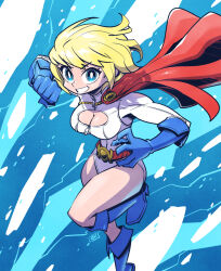  1girl animification belt blonde_hair blue_eyes blue_footwear blue_gloves boots breasts bright_pupils cape cleavage cleavage_cutout clenched_hand clothing_cutout dc_comics floating_hair gloves grin large_breasts leotard looking_at_viewer open_hand power_girl red_belt red_cape short_hair smile solo sunafuki_tabito superhero_costume teeth v-shaped_eyebrows white_leotard  rating:Sensitive score:7 user:danbooru