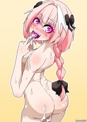 1boy ass astolfo_(fate) black_bow blush bow braid cowboy_shot fate/apocrypha fate_(series) hair_bow highres looking_at_viewer male_focus multicolored_hair nude pink_hair shiny_skin simple_background single_braid solo streaked_hair suggestive_fluid teeth tongue tongue_out trap upper_teeth_only white_hair zesuto3  rating:Explicit score:46 user:Domestic_Importer