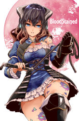  1girl black_hair bloodstained:_ritual_of_the_night blue_eyes breasts brown_hair cleavage dress gauntlets gradient_hair hair_between_eyes hair_ornament hayadai headdress highres holding holding_weapon looking_down medium_hair miriam_(bloodstained) multicolored_hair open_mouth runes simple_background smile solo tattoo thick_thighs thighs weapon whip  rating:Sensitive score:17 user:WashiZ