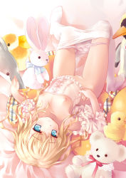 1girl aoi_kumiko blonde_hair blue_eyes blush bustier clothes_pull corset feet flat_chest highres lingerie loli looking_at_viewer lying nipples no_shoes on_back original panties panty_pull pantyhose pantyhose_pull pussy solo stuffed_animal stuffed_bird stuffed_dolphin stuffed_rabbit stuffed_toy tears teddy_bear underwear upside-down white_panties white_pantyhose rating:Explicit score:152 user:danbooru