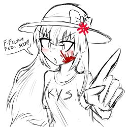  1girl anatomy_of_a_gamer_(meme) anger_vein angry anti-chan blood blush borrowed_character bow child_gf_(orenji) english_text finger hat hat_bow highres large_hat loli long_hair looking_at_viewer original pointing shirt sketch solo speech_bubble sun_hat vapordesu white_background 