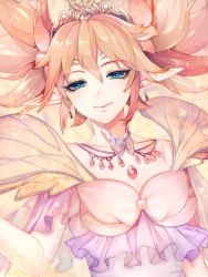 1girl bad_id bad_pixiv_id blue_eyes butterfly_wings closed_mouth collarbone earrings fairy feo_ul final_fantasy final_fantasy_xiv hair_between_eyes insect_wings ito_mijinko jewelry light_particles looking_at_viewer necklace orange_hair pointy_ears short_hair short_twintails smile solo sparkle spoilers tiara titania_(final_fantasy) twintails upper_body wings
