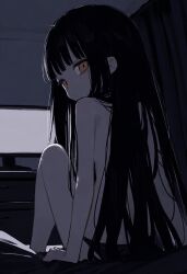  1girl backlighting bad_id bad_twitter_id black_hair black_panties curtains dark empty669 expressionless eyelashes facing_away from_behind highres hime_cut indoors loli looking_back on_bed original pale_skin panties sitting solo television topless underwear yellow_eyes  rating:Questionable score:54 user:danbooru