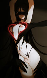  1girl absurdres arms_up black_blindfold black_eyeshadow black_hair blindfold breasts completely_nude covered_eyes crossed_legs disembodied_limb erection eyeshadow feet_out_of_frame female_pubic_hair futanari heart highres horror_(theme) host_(obj_shep) long_hair looking_at_viewer makeup navel nipple_bar nipple_piercing nipples non-web_source nude obj_shep original pale_skin penis piercing pubic_hair simple_background skinny small_breasts smile solo sparse_pubic_hair standing straight_hair testicles variant_set very_long_hair 