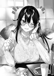  1girl blush bottle bow breasts commentary_request cup glasses greyscale hair_bow hand_in_own_hair hands_up highres hitotsuba_kaede index_finger_raised indoors kakao_(chocolate_land) large_breasts long_hair looking_at_viewer monochrome notebook novel_illustration official_art one_eye_closed pen raised_eyebrows ryoushin_no_shakkin second-party_source smile solo window 