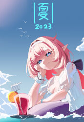  1girl 2023 absurdres afloat bird black_ribbon blue_eyes breasts chinese_commentary cleavage cloud cloudy_sky cup drinking_glass elf elysia_(honkai_impact) elysia_(miss_pink_elf)_(honkai_impact) elysia_(summer_miss_elf)_(honkai_impact) food frills fruit hair_ribbon hand_on_own_cheek hand_on_own_face headband highres honkai_(series) honkai_impact_3rd lemon lemon_slice long_hair looking_at_viewer pink_hair pink_pupils pointy_ears ribbon see-through see-through_sleeves sky smile swimsuit water white_headband zhu_fun_(pixiv_21401851) 