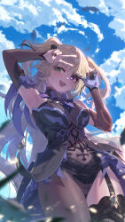  1girl absurdres bare_shoulders blonde_hair blue_sky bodystocking bow bowtie breasts brown_sleeves dress fischl_(genshin_impact) fishnet_top fishnets genshin_impact gloves green_eyes hair_over_one_eye hair_ribbon heterochromia highres long_hair medium_breasts open_mouth purple_bow ribbon single_glove single_leg_pantyhose single_thighhigh sky smile solo sushispin thighhighs  rating:Sensitive score:7 user:danbooru