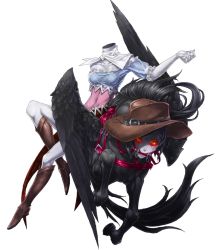  1girl bad_id bad_pixiv_id black_hair black_wings boots brown_footwear cowboy_boots cowboy_hat dress feathered_wings full_body hat headless hooves horse_tail kurokoma_saki layered_dress looking_at_viewer mazeran off-shoulder_dress off_shoulder puffy_short_sleeves puffy_sleeves red_eyes scarf short_sleeves sitting tail touhou transparent_background white_scarf wily_beast_and_weakest_creature wings yokozuwari 
