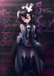  55missile black_hair blush clothes_lift commission dildo exhibitionism faust_(makai_shin_trillion) graffiti hair_ornament highres lab_coat long_hair makai_shin_trillion public_indecency pussy pussy_juice sex_toy skirt skirt_lift sweat thighhighs very_long_hair writing_on_wall yellow_eyes  rating:Explicit score:15 user:steaming909