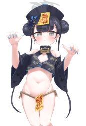 1girl absurdres alternate_costume arca.live_(website) black_hair black_hat blue_archive blue_nails blush claw_pose cleavage_cutout clothing_cutout double_bun female_focus fingernails flat_chest grey_halo groin hair_bun halo hands_up hat highres jiangshi_costume jokebag kisaki_(blue_archive) loli long_fingernails long_hair looking_at_viewer nail_polish navel ofuda parted_lips pelvic_curtain qingdai_guanmao shoulder_cutout simple_background solo standing twintails rating:Questionable score:59 user:danbooru