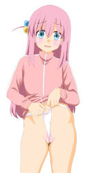  1girl ahoge ali_sun_mark blue_eyes blush bocchi_the_rock! cleft_of_venus clothes_lift collarbone cube_hair_ornament gotoh_hitori groin hair_ornament highres hood hoodie hoodie_lift long_hair open_mouth panties pink_hair pink_hoodie pussy side_ahoge simple_background solo thong underwear wedgie white_background white_panties 