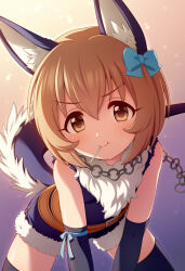  1girl animal_ear_fluff animal_ears arm_ribbon bare_shoulders belt bent_over black_gloves black_thighhighs blue_bow blue_ribbon blue_unitard bow brown_belt brown_eyes brown_hair candy chain chain_necklace commentary dog_ears elbow_gloves food fur_scarf fur_trim fuu_(koneko_no_yomeiri) gloves gradient_background hair_bow idolmaster idolmaster_cinderella_girls jewelry koga_koharu lens_flare lollipop looking_at_viewer mouth_hold necklace purple_background ribbon short_hair sleeveless solo tail thighhighs unitard v-shaped_eyebrows yellow_background  rating:Sensitive score:5 user:danbooru