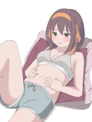  1girl bare_shoulders blush bob_cut bra breasts brown_eyes brown_hair cleavage clothes_writing collarbone commentary dolphin_shorts drawstring feet_out_of_frame grey_bra grey_shorts hairband hands_on_stomach highres knee_up looking_at_self looking_down lounging lying medium_breasts midriff navel no_shirt on_back panties panty_peek parted_lips pillow rai_iceblast raised_eyebrows short_hair short_shorts shorts simple_background solo suzumiya_haruhi suzumiya_haruhi_no_yuuutsu underwear weight_conscious white_background worried yellow_hairband 