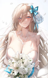 1girl absurdres alternate_costume asuna_(blue_archive) bare_shoulders blue_archive blue_bow blue_eyes bouquet bow breasts bridal_veil cleavage closed_mouth collar detached_collar dress elbow_gloves falling_petals flower gloves hair_between_eyes hair_bow highres holding holding_bouquet holding_flower large_breasts light_brown_hair long_bangs long_hair looking_at_viewer mohaka_(m_0haka) mole mole_on_breast petals simple_background skindentation smile solo upper_body veil very_long_hair wedding_dress white_background white_collar white_dress white_flower white_gloves rating:Sensitive score:52 user:danbooru