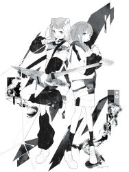  2girls bang_dream! bang_dream!_it&#039;s_mygo!!!!! commentary cone_hair_bun electric_guitar english_commentary full_body greyscale guitar hair_bun highres holding holding_guitar holding_instrument holding_microphone instrument jacket kushima_yu long_sleeves looking_at_viewer microphone microphone_stand monochrome multiple_girls open_mouth parted_lips shoes short_hair shorts smile sneakers socks standing standing_on_one_leg takamatsu_tomori toyama_kasumi 