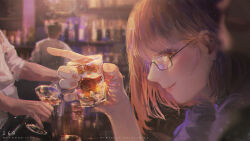  1girl 1other 2boys alcohol artist_name bar_(place) bartender black-framed_eyewear blurry blurry_background blush brown_eyes brown_hair caustics cocktail_glass cup depth_of_field drinking_glass from_side glasses hair_behind_ear hand_up holding indoors leaning_forward light_particles light_smile lips long_bangs long_sleeves looking_at_viewer looking_to_the_side multiple_boys parted_lips refraction semi-rimless_eyewear shirt short_hair smile solo_focus under-rim_eyewear white_shirt wudi_sao_nian 