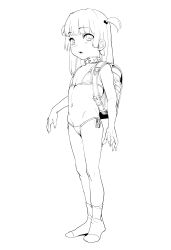  1girl absurdres backpack bag bikini blush female_focus full_body highres loli long_hair looking_at_viewer monochrome simple_background socks solo stomach swimsuit telolista terorisuta  rating:Questionable score:52 user:buzzinrespectuflly